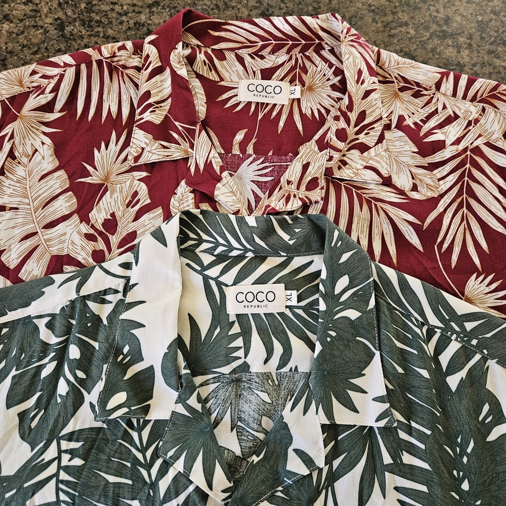 Coco Republic Lot Of 2 Men's Tropical Hawaiian Shirt - Burgundy/ Green Size XL